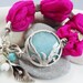 Exotic Organic Bohemian Turkish Silk Bracelet - Silver Plated, Light Turquoise Jade, Hot Pink Silk, Tulip Charm - Spring fashion