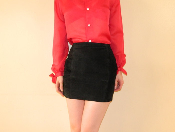 80s Suede Micro Mini Skirt Black Leather XS