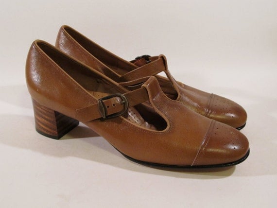 Vintage Groovy 70s T-Strap Mary Jane Whiskey Brown Stacked