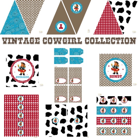 Vintage Buckaroo Cowgirl FULL Decoration Set INSTANT DOWNLOAD Printable Party Shower Cupcake Toppers Bottle Wraps Pennant Banner Favor Tags Il_570xn