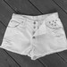Vintage Jordache Jeans Denim Shorts High Waist Distressed White Button Fly Cut Offs Silver Studs - US Size 7/8/9 PRIORITY SHIPPING