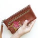 Leather Zipper Pouch with Flower in Brown - Hand Sewn