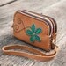 Zipper Leather Wristlet Pouch in Tan Brown with Flower , Hand Sewn