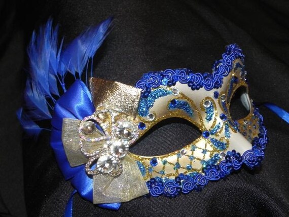 Royal Blue and Gold Feather Masquerade Mask Made to Order