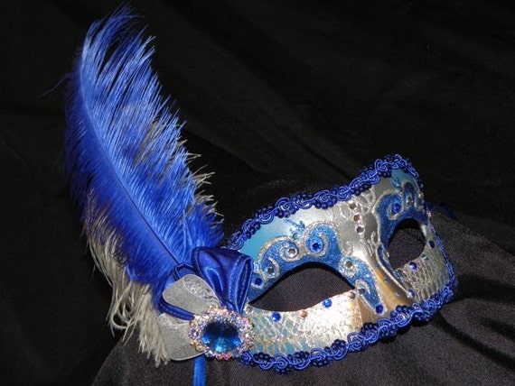 Royal Blue And Silver Feather Masquerade Mask