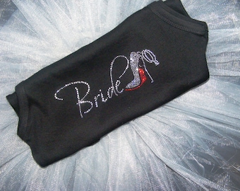 Bride Bachelorette Party Tank Top Tee Shirt: Rhinestone bling, red, purple, black, white, blue, stellito shoe, bridesmaid, bridal party