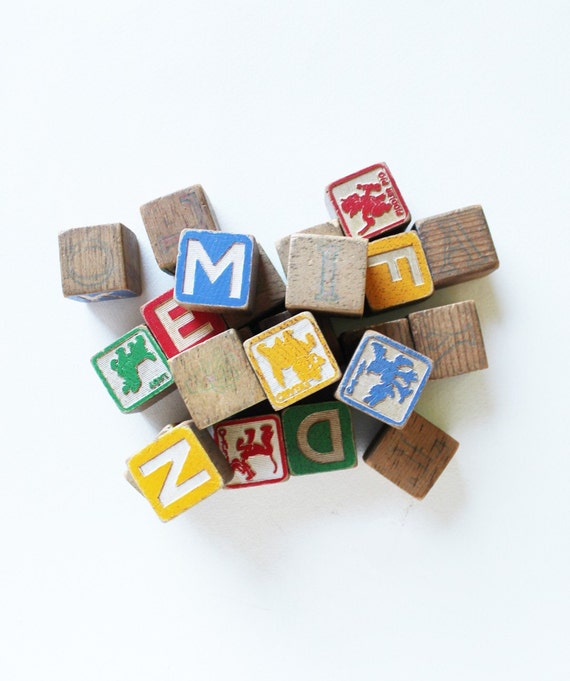 Vintage Wood Blocks with Letters and Disney Characters. Set of