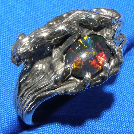 Fire Dance, Opal Mountain Lion Ring, Hand Crafted Recycled Sterling Silver, handmade Cougar, Panther, Puma, tiger, large cat ring