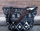 Canvas, Leather, and Denim Market Tote // Beach Bag with Tribal Geometric Print