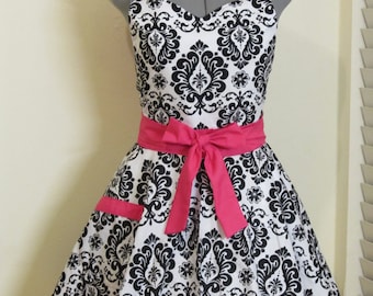 Sweetheart Hostess Apron - Black Damask with Hot Pink - Full of Twirl Flounce - Ready to ship