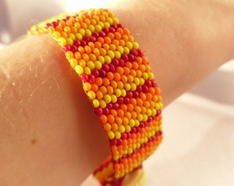 Striped Red, Orange and Yellow Peyote Stitch Bracelet with Vintage Yellow Button Clasp