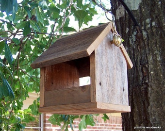 Wooden Bird Feeder, Recycled Wood, Natural Weathered Reclaimed Wood, Primitive Rustic Bird Feeder with Deco Chain