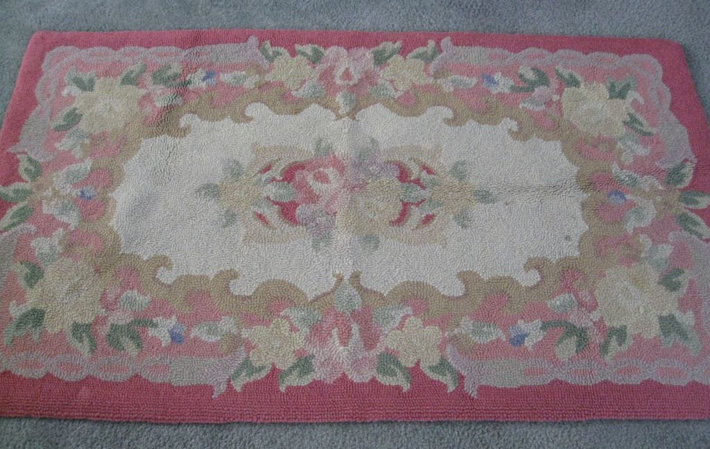 Vintage Handmade Wool Pink Floral Cream Hooked Rug Cottage