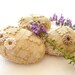 Nature decorated 3 river pebble stones, covered with vintage tulle fabric, flower motif, hand made, by Mintook.