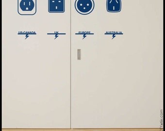 GRAPHIC WALL DECAL : World Power Electric Outlets. America, Uk, Australia, Europe. Sticker, Fun faces, Vinyl