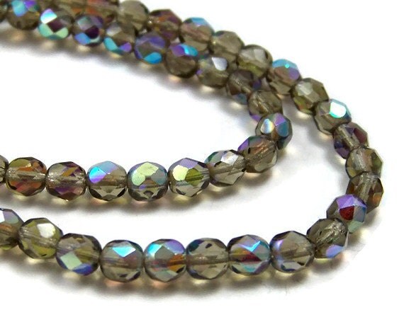 6mm faceted Czech Glass beads Smoke Grey Aurora Borealis