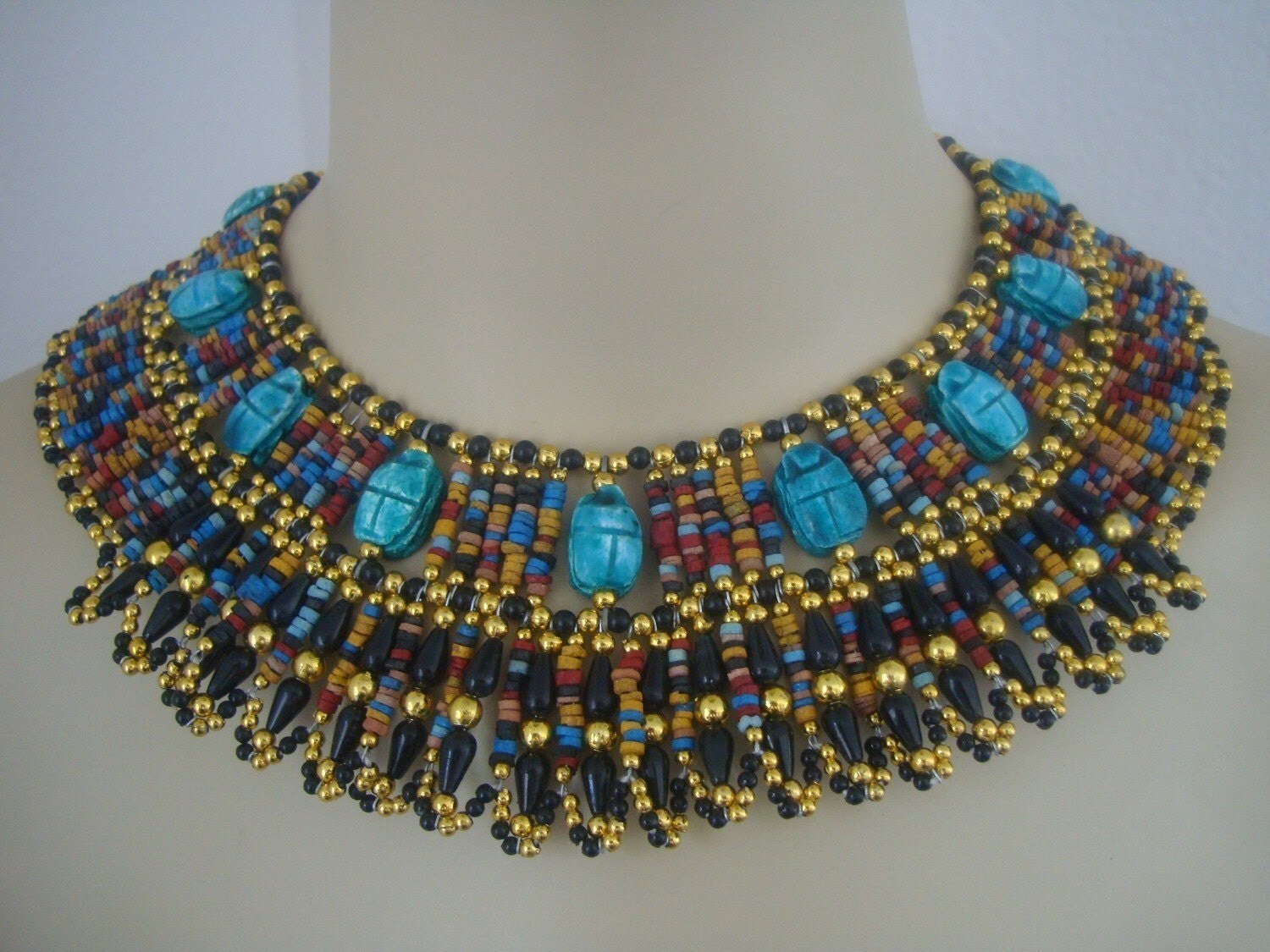 Ancient Egyptian Cleopatra Collar Necklaces | egyptian mummybead cleopatra collar necklace 11 scarabs by Ancient Egyptian Cleopatra Collar Necklaces | egyptian mummybead cleopatra collar necklace 11 scarabs by