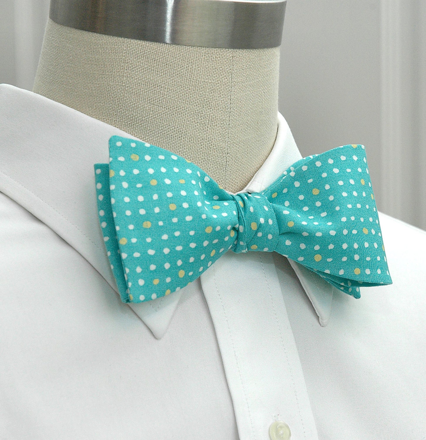 Men's Bow Tie in turquoise with white and yellow dots