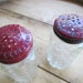 Vintage Round Cut Glas Salt & Pepper Shakers with Red Tops