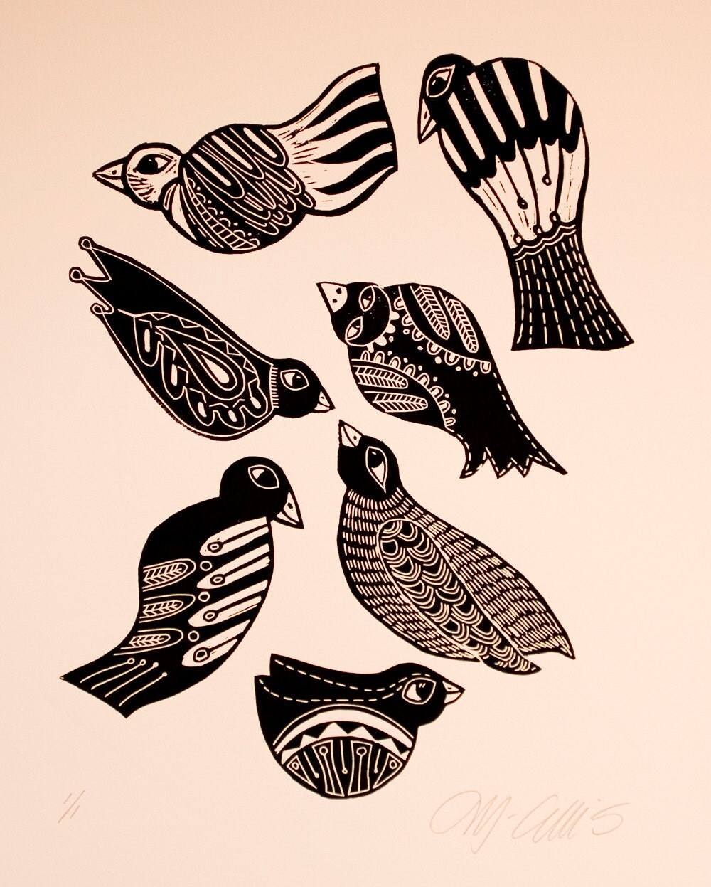 linocut Black Birds black and white birds abstract