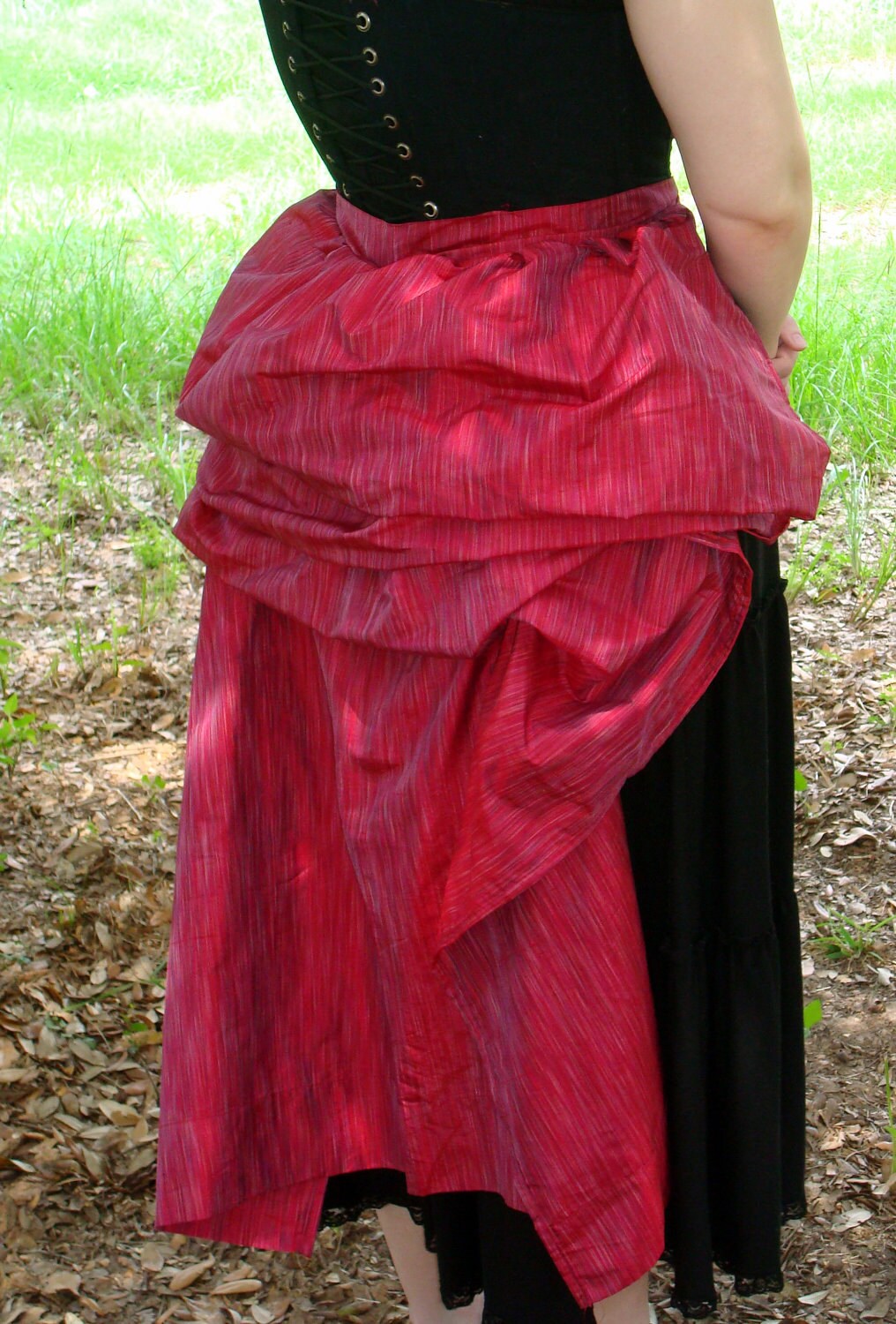 Red Striped Silk Tie-on Long Bustle Overskirt by SteamIngenious