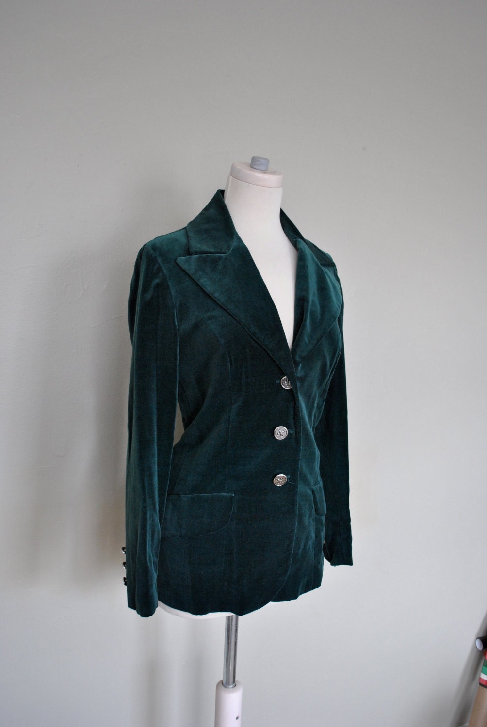 Green Velvet Blazer / Ladies Hunter Green Coat / Vintage Green