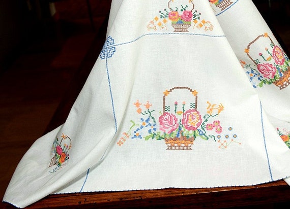 Vintage Counted Cross Stitch Tablecloth 50 In. Square by CUSHgoods