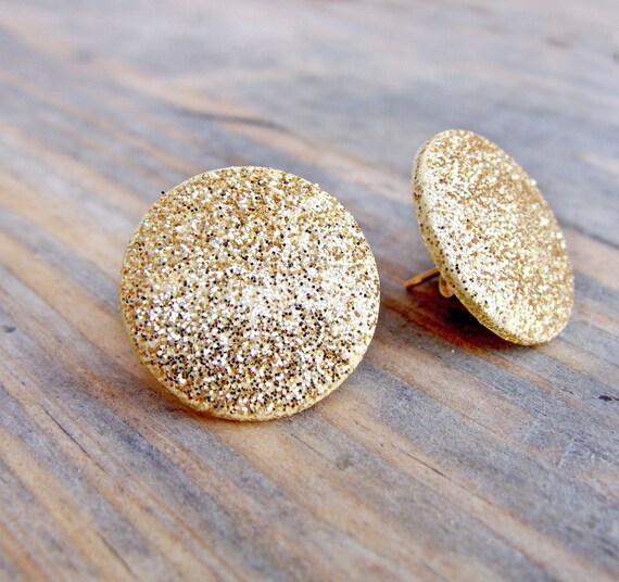 Gold Glitter Earrings. Large Round Sparkle Gold Earrings.