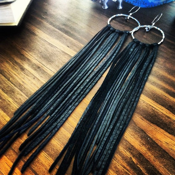 Items similar to Leather Fringe Long Earrings Black Leather and