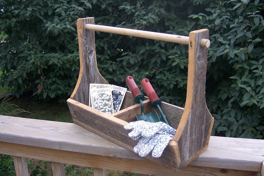 Handmade vintage barn wood garden tool tote box useful to