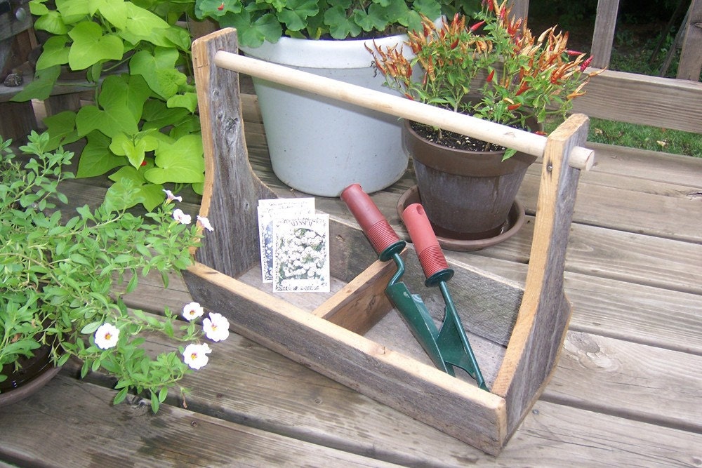 Handmade vintage barn wood garden tool tote box useful to