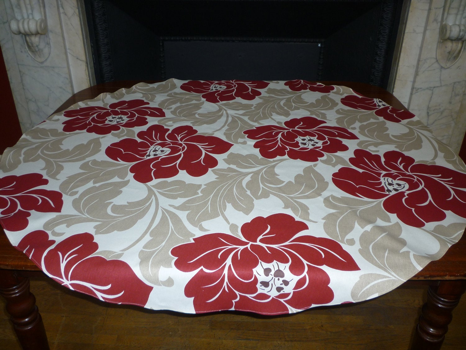 Red Taupe Round Tablecloth Funky Floral Modern by WickedWalls
