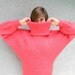 Coral Explosion -- Vintage 80s Designer Peach/Coral/Pink Pullover Sweater w/ Batwing Sleeves and gigantic Cowl Neck - made by Bloomingdale's