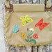 Vintage Wooden Handle Canvas Purse - 70s Handmade Cloth and Wood Purse, Groovy Boho Shoulder Bag w Embroidered Calico Butterflies n Daisies