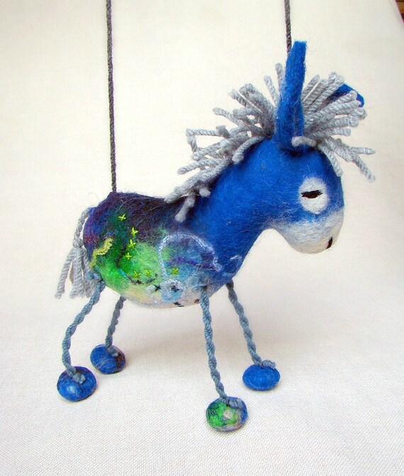 Blue Fillipe Felt Donkey. Art Marionette. Puppet. Felted