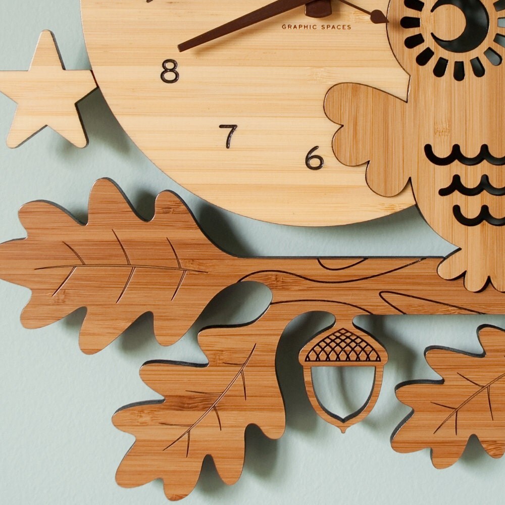 Bamboo Owl Wall Clock Modern Woodland Baby Nursery Owl Decor