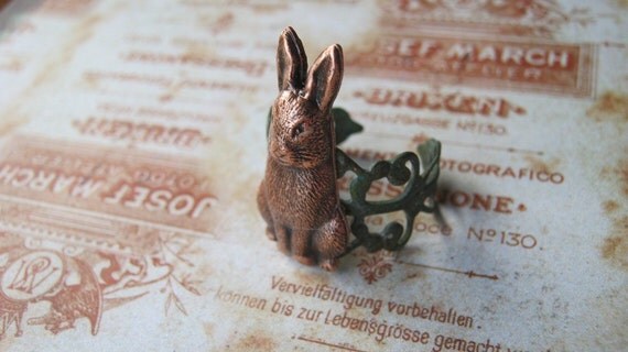 Rabbit Ring Bunny Ring Adjustable Verdigris Antiqued Copper Rabbit Jewelry Steampunk Woodland