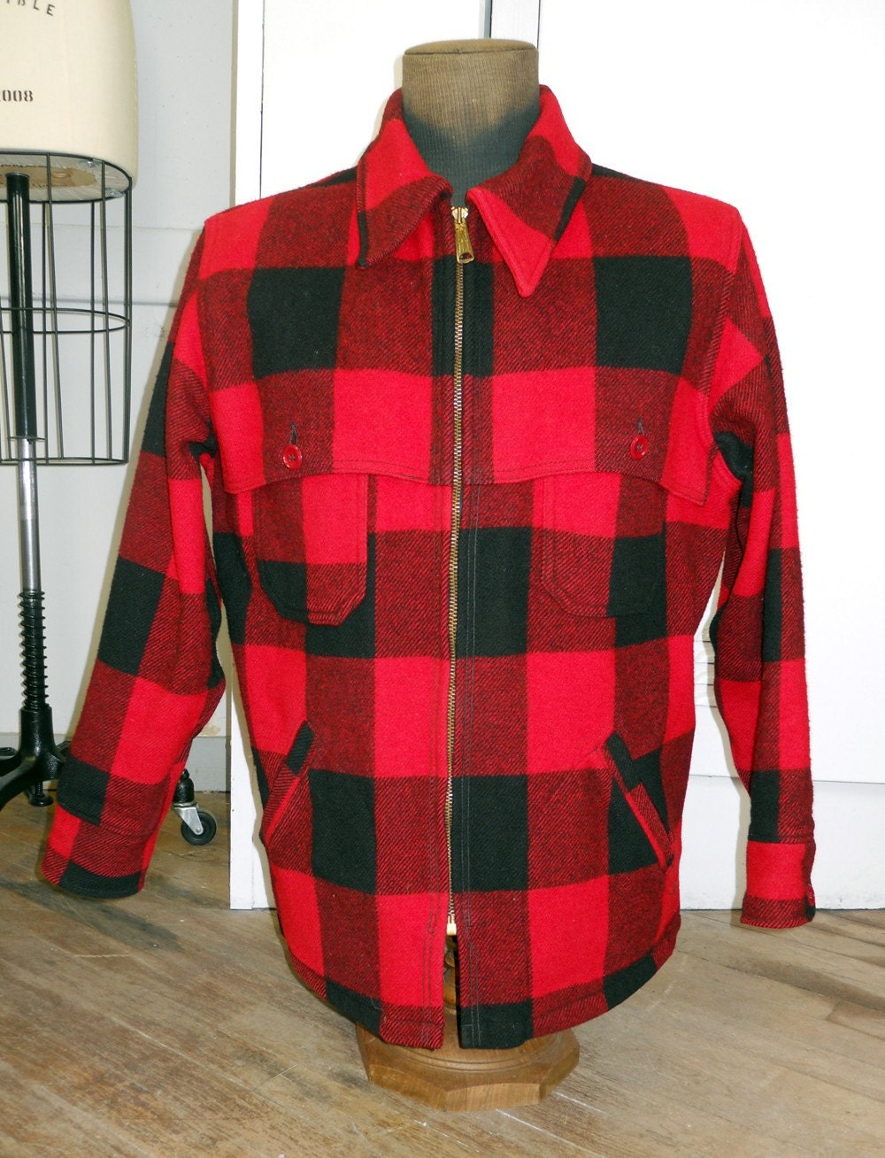Red Buffalo Plaid Shirt Jacket men's M by RabbitRabbitVintage