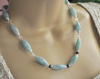 Blue Amazonite Oval Gemstones, Sapphire Crystal and Silver Necklace and Earring Set