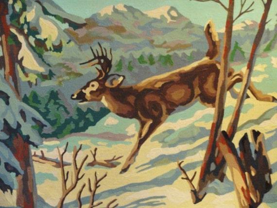 Vintage Paint by Number Deer Winter Landscape