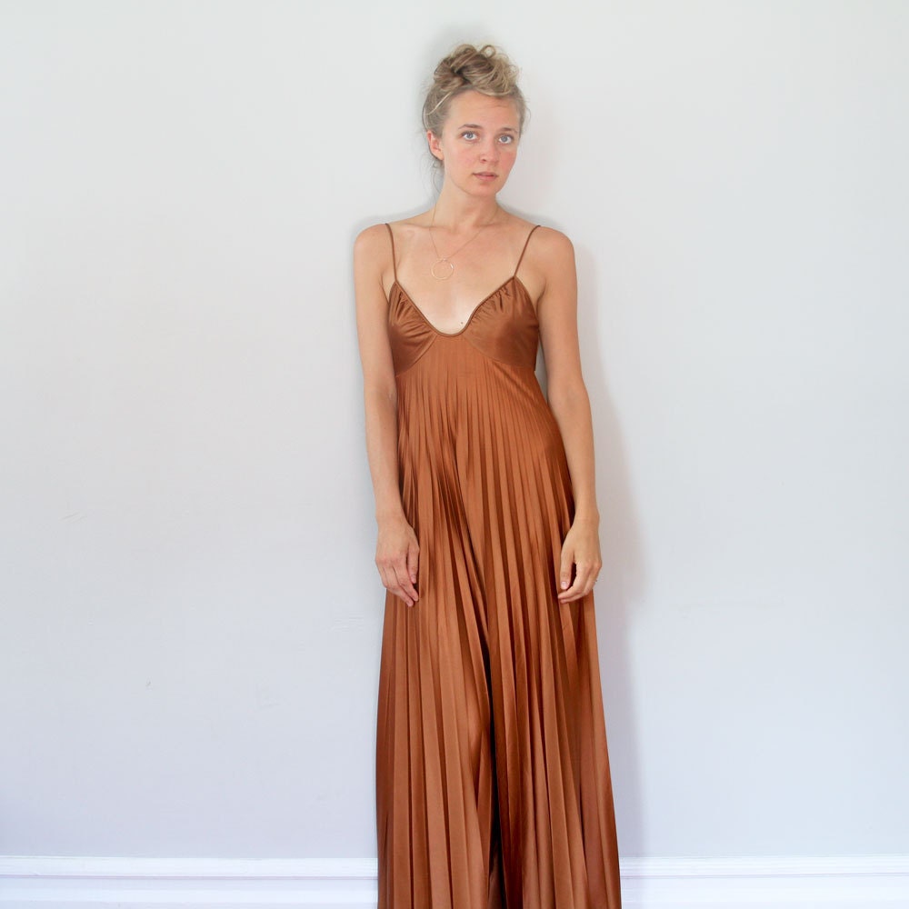 Pleated Maxi Dress // 70s Copper Accordion Plunging Neckline