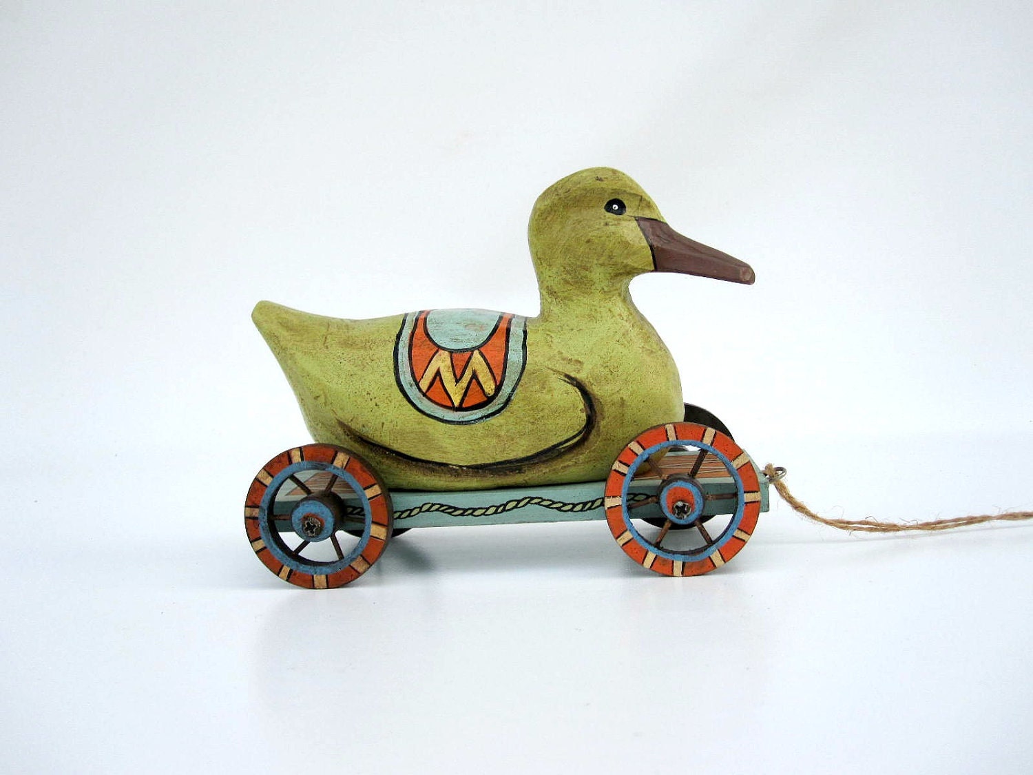 Duck Pull Toy Wood Duck on Wheels Green Blue Red