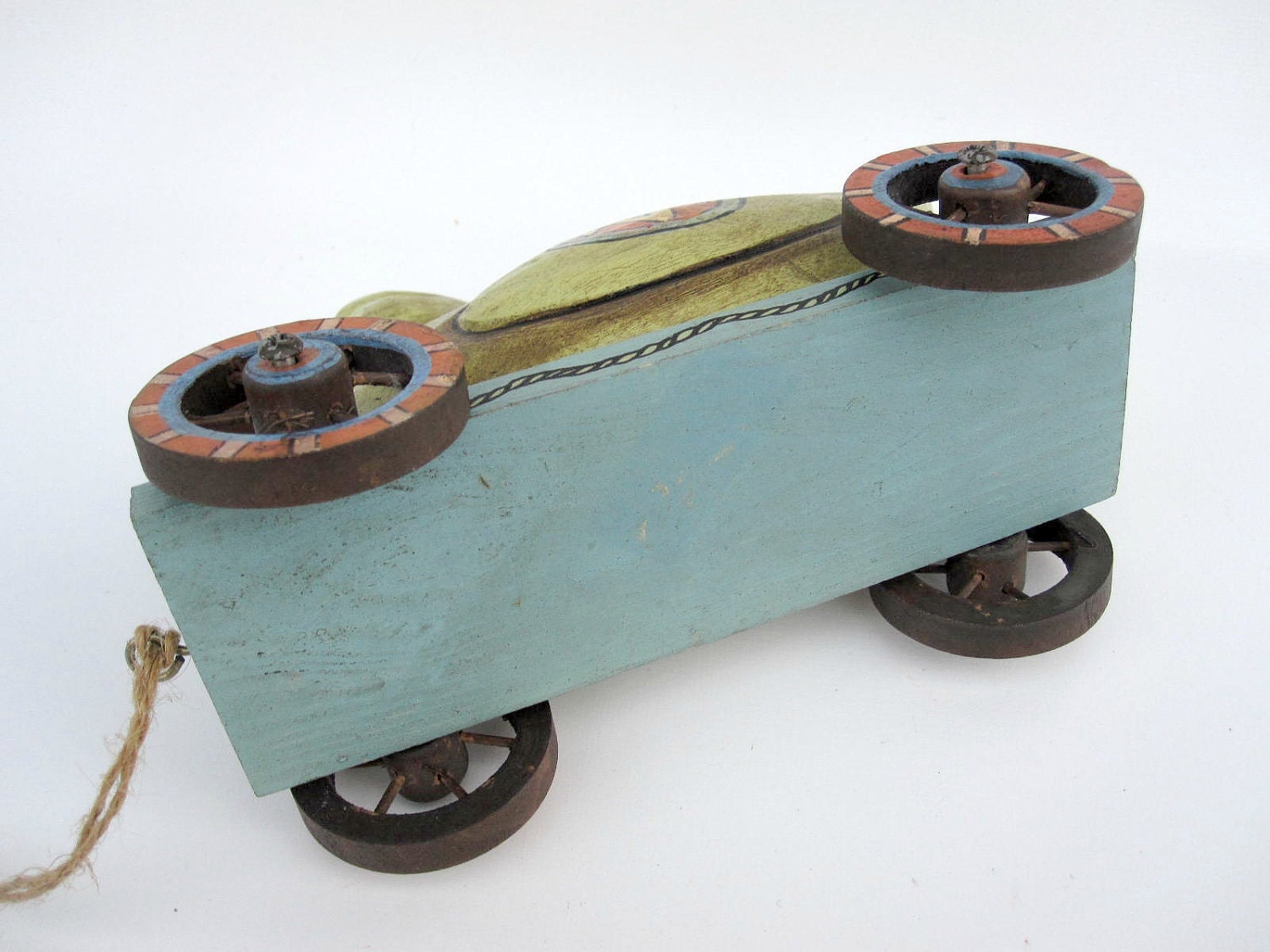 Duck Pull Toy Wood Duck on Wheels Green Blue Red
