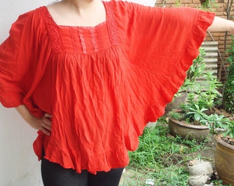 B8, Bright Red Butterfly Effect Cotton Blouse, red blouse