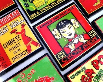 Chinese Restaurant Coaster Set, Chinese Take Out Wood Coasters, Retro Kitchen Decor, Matchbook Art, Unique Hostess Gift, Party Favor