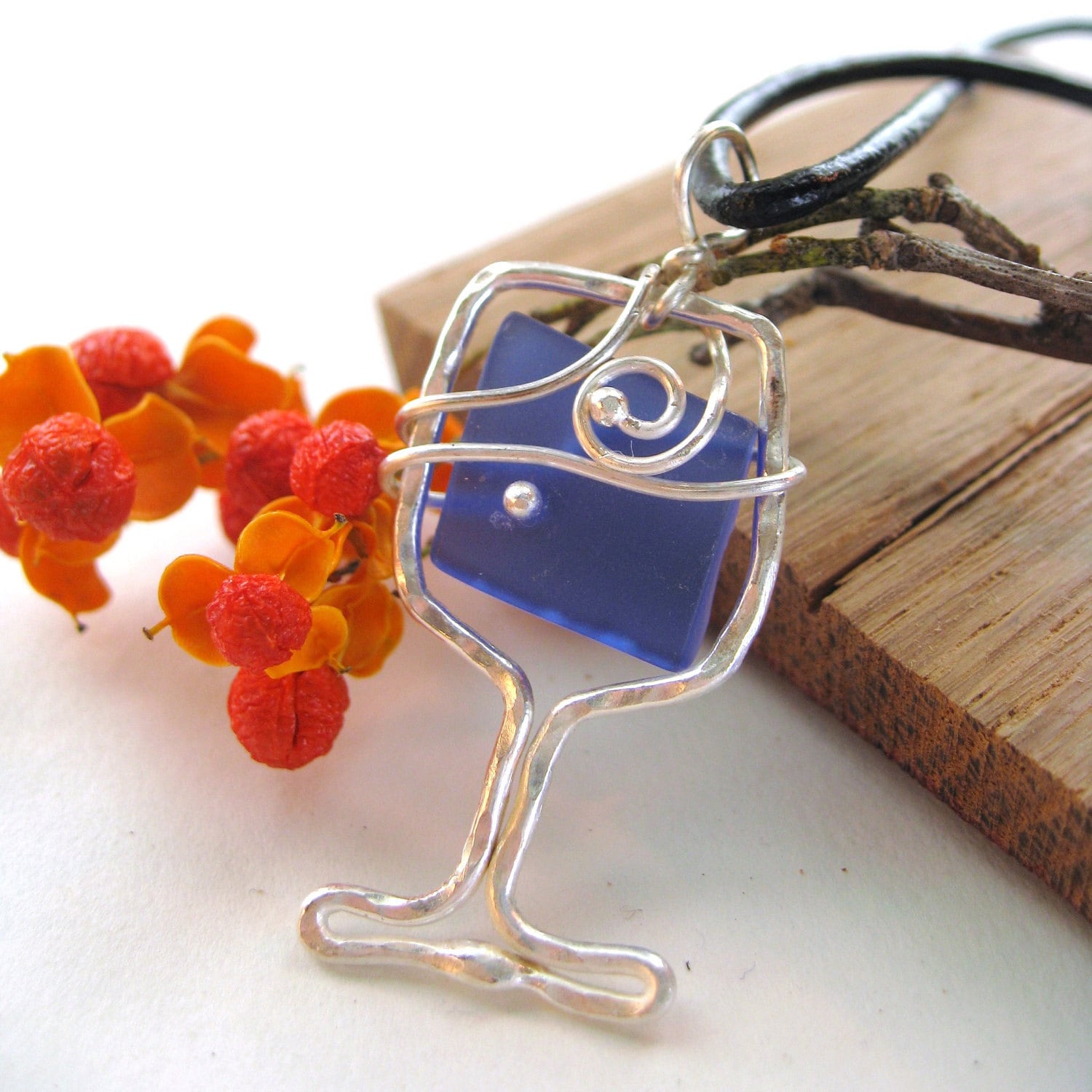 Wine Necklace recycled bottle glass on leather cord by LakeToLake