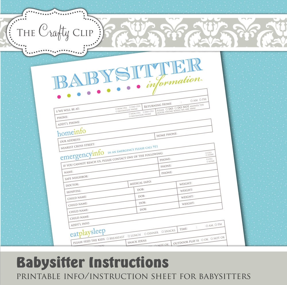 Printable Babysitter Instructions | printable babysitter instructions by thecraftyclip on etsy Printable Babysitter Instructions | printable babysitter instructions by thecraftyclip on etsy