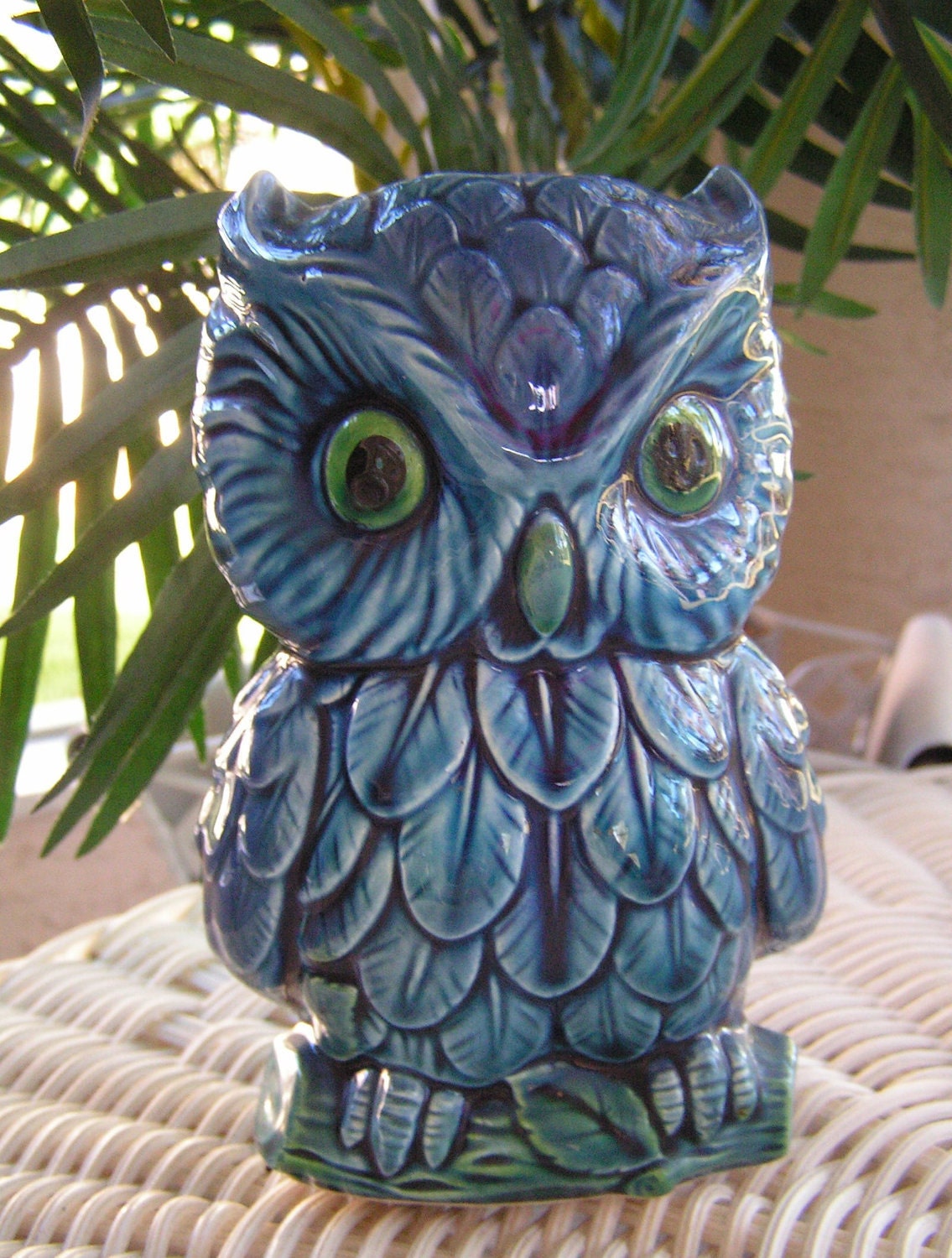 Blue Ceramic Owl Planter Vase Vintage Inarco E5484 Now a