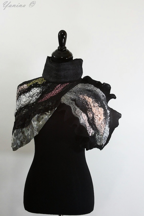 Nuno felted scarf Black butterfly Ready to ship by SeamlessFashion