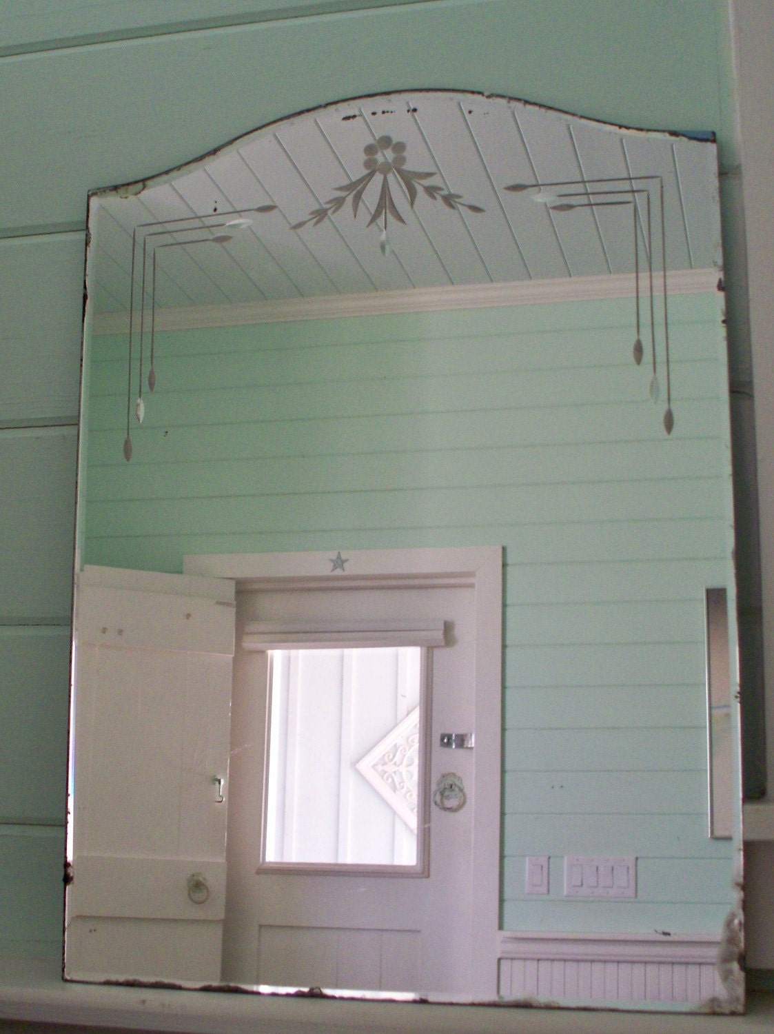 Pair of Old Beveled Etched Mirrors dated 1949